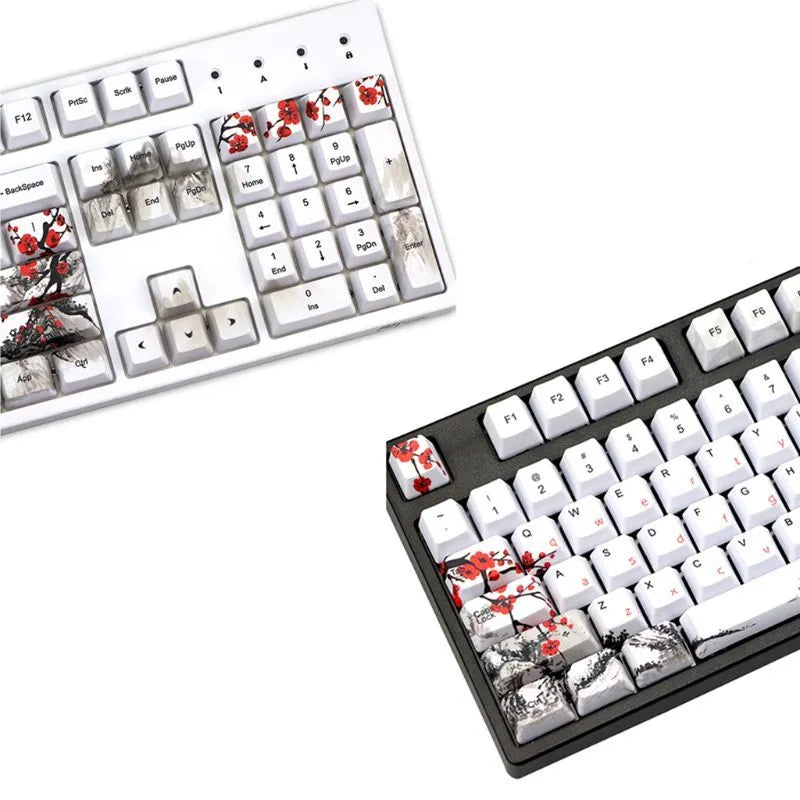 PBT Wangjiang plum 109-key keycap set with five-sided sublimation, OEM height, in Japanese layout on a mechanical keyboard