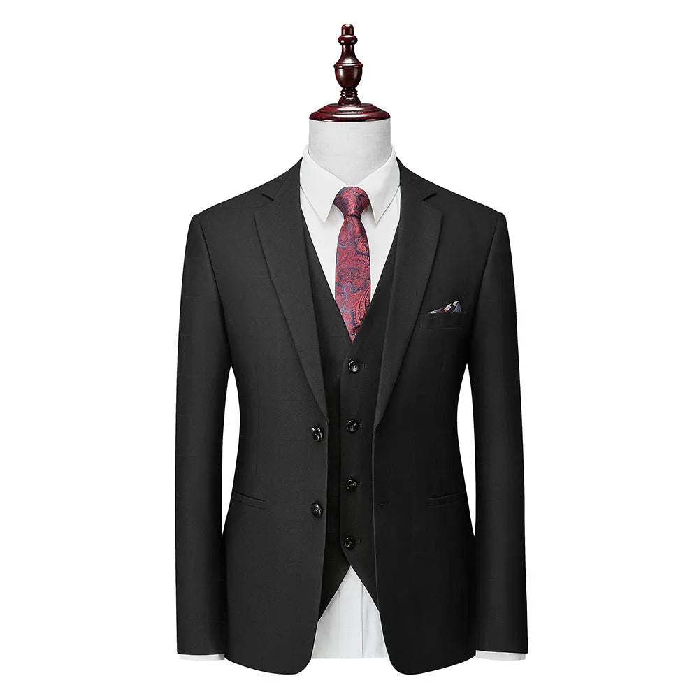 Men's navy blue plaid slim fit three-piece suit with jacket, vest, and trousers on a hanger