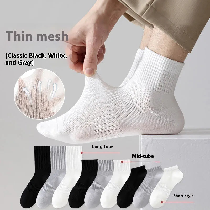 Men's thin mesh breathable white cotton socks with antibacterial middle calf length one size