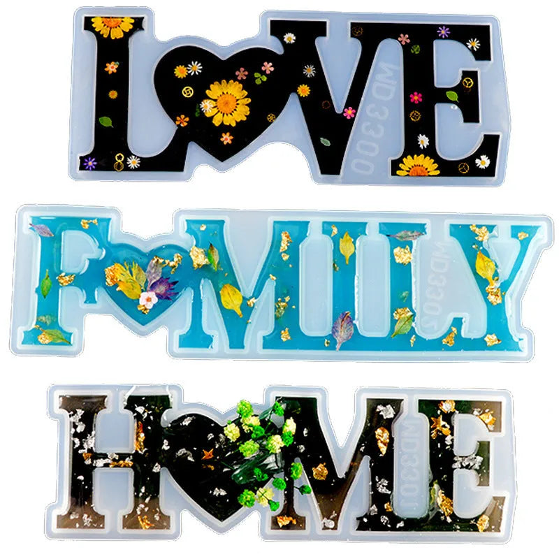Silicone epoxy letter mold showing raised English alphabet and word impressions for resin jewellery making