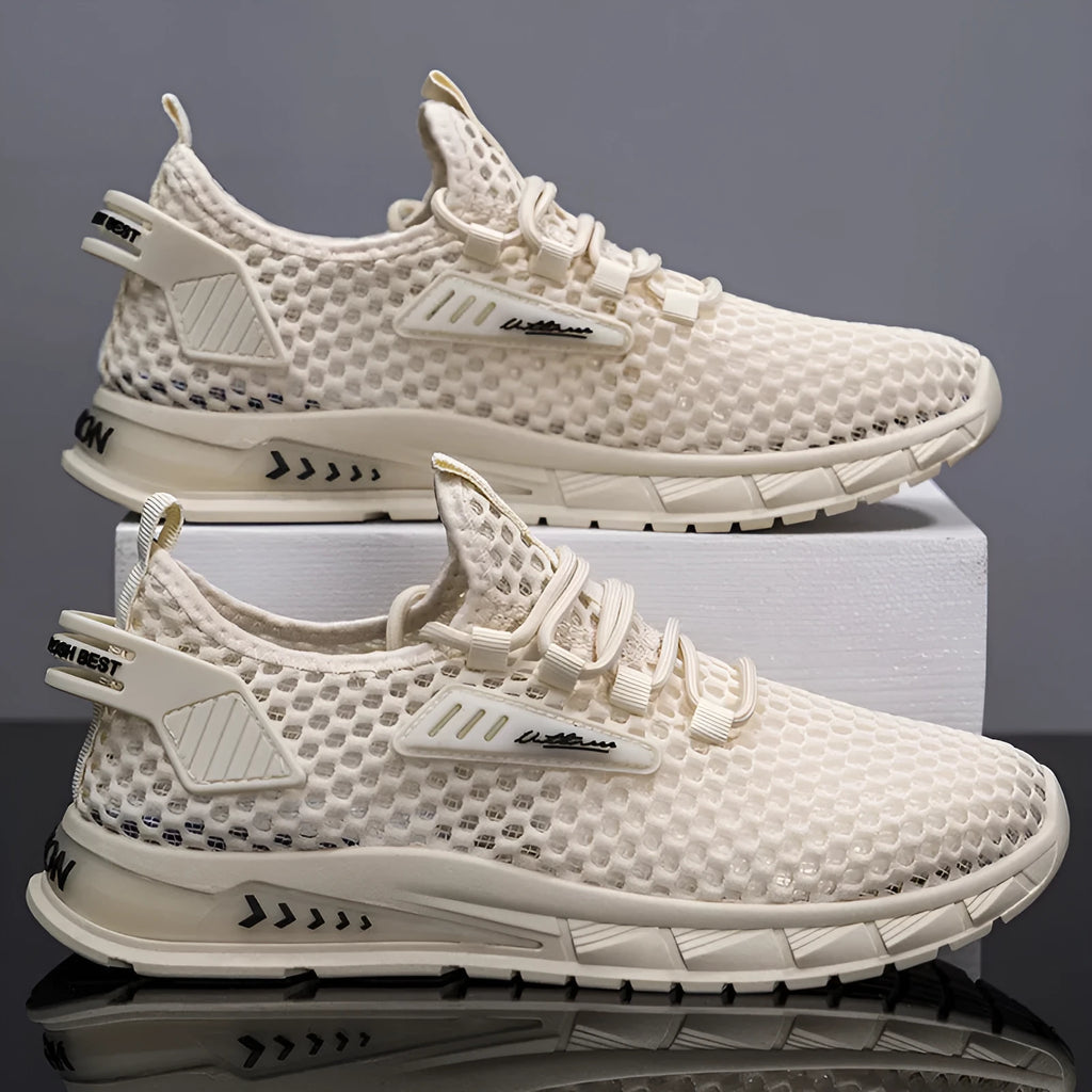 Men's mesh sneaker in beige with synthetic leather upper and front lace-up design