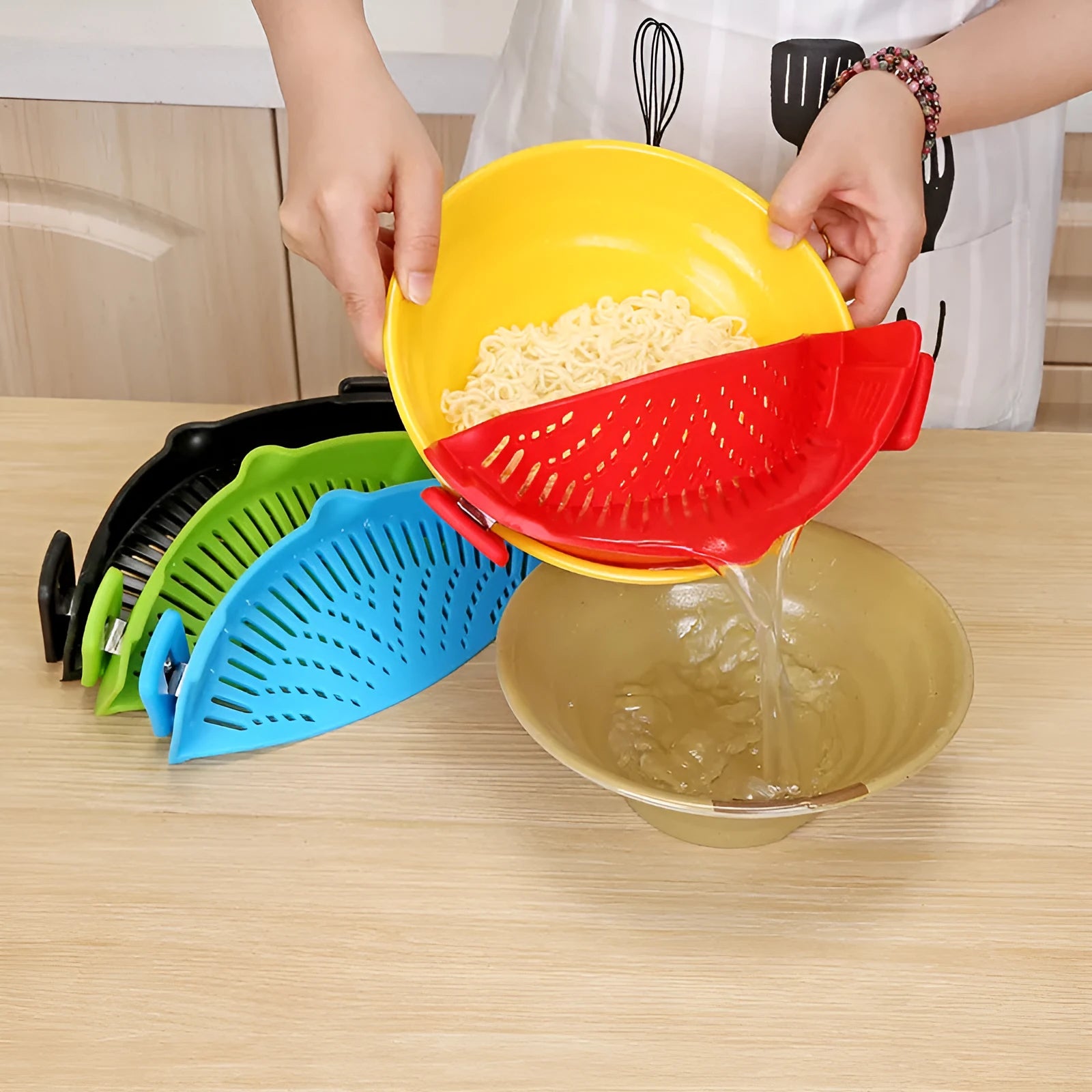Silicone clip-on kitchen funnel strainer with stainless steel mesh filter in various colour options