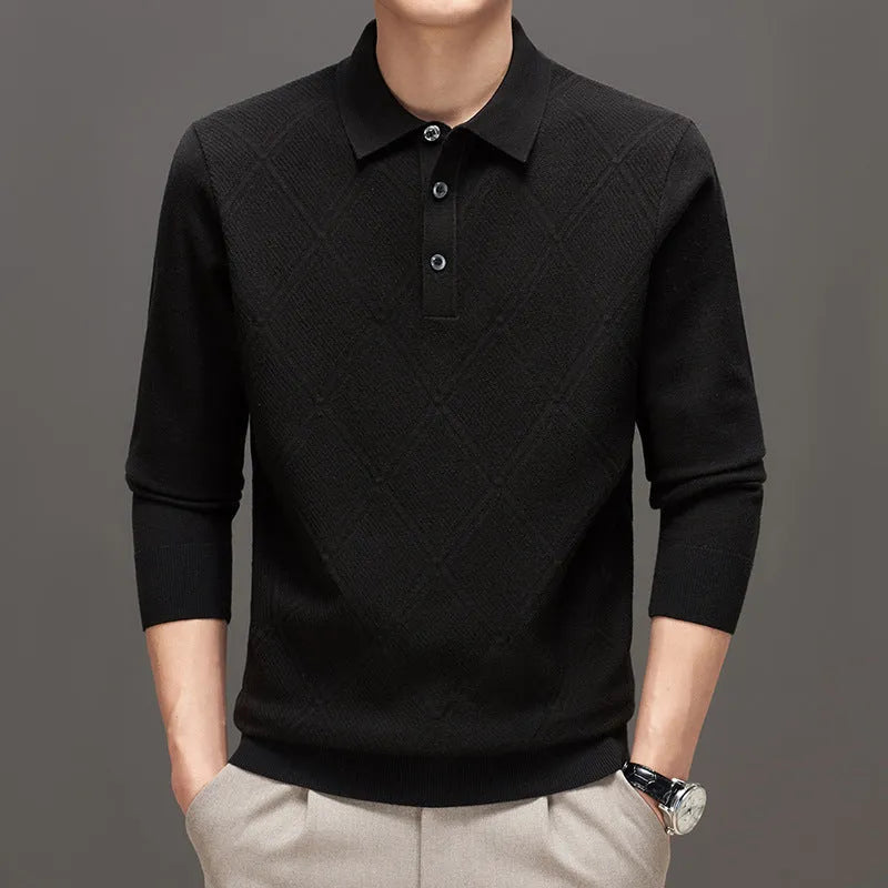 Men's polo collar knitwear sweater in solid colour, long sleeves, loose fit, jacquard knit