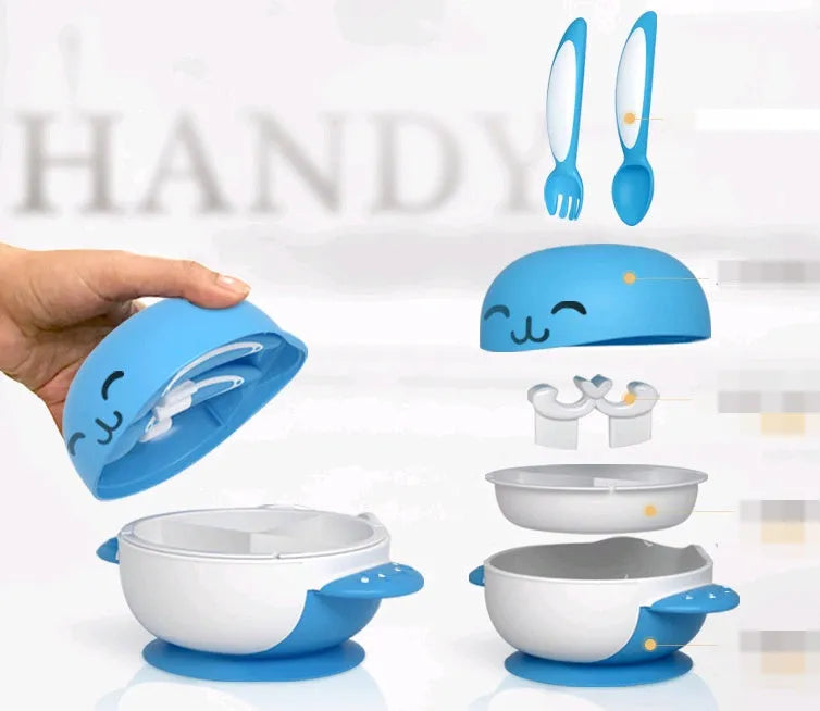 Baby tableware set with polymer antibacterial material, six pieces including bowl, in blue colour option