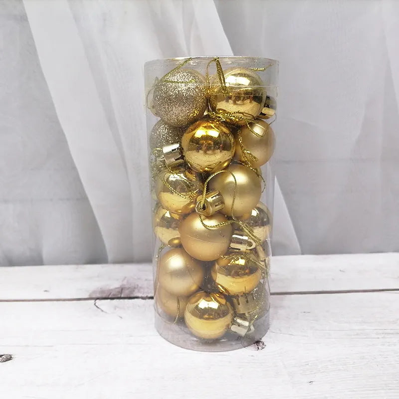 Assortment of shiny and matte 3cm plastic Christmas ball ornaments in ten different colours.