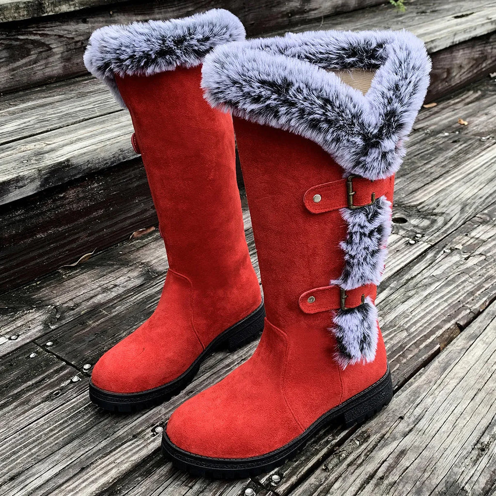 Women's thick velvet snow boots with rabbit fur lining, suede upper, belt buckle, and waterproof platform sole in black