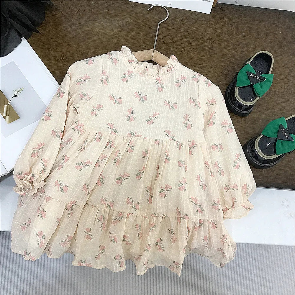 Girls' pink mohair puff sleeve knitted cardigan with orange flower chiffon dress set on white background