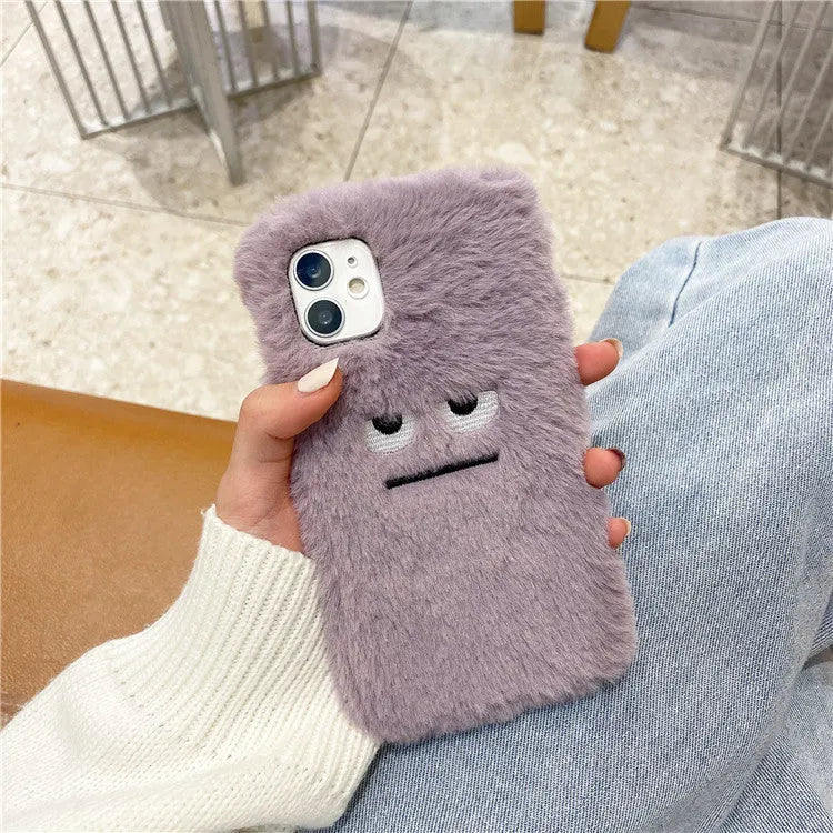 Fashion simple plush phone case cover in purple with funny emoticon design for iPhone