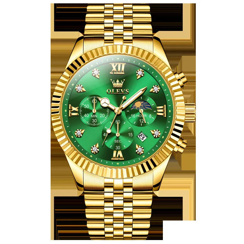 Men's full gold stainless steel quartz watch with round dial and butterfly clasp on a white surface