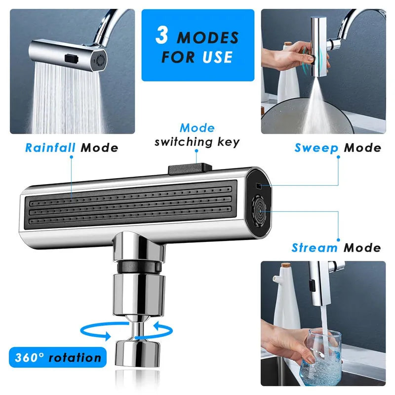 Kitchen faucet waterfall nozzle extension with rotating sprayer in black or silver finish