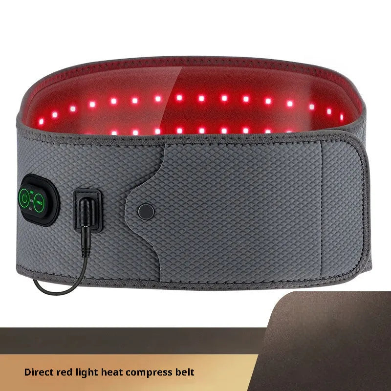 Grey neoprene electric waist therapy belt with red light panels and power cable.