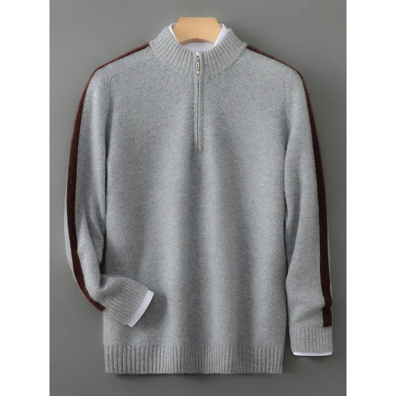 Plus-size slim fit sheep wool sweater with a half-height zip round neck in pea green colour