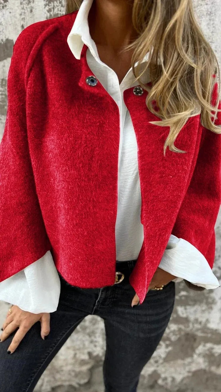 Lady's bat-sleeve cardigan short cashmere coat in polyester fabric, regular fit, long sleeves, 13 colour options