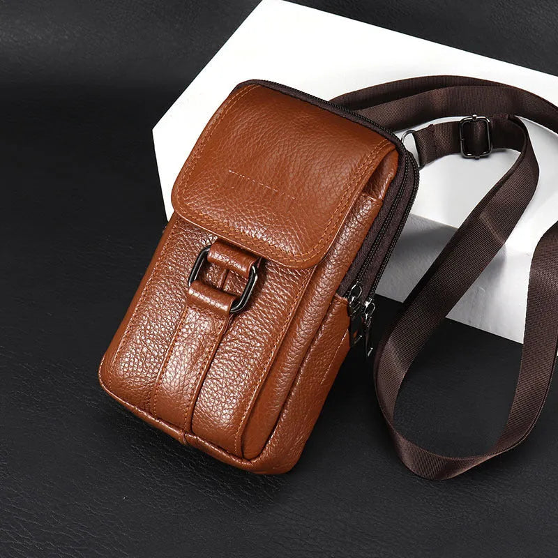 Leather men's mobile phone waist bag in black small size, first-layer cowhide, square vertical shape with sewing line detail