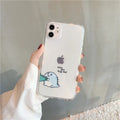 Clear transparent iPhone case with green dinosaur design on back, showing airbag-style edges.