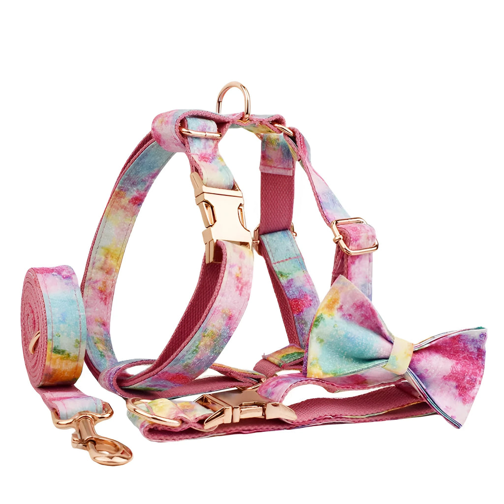Bronzing pet collar traction rope set with bow, leash, and cloth vest for dogs in sizes XS to XL
