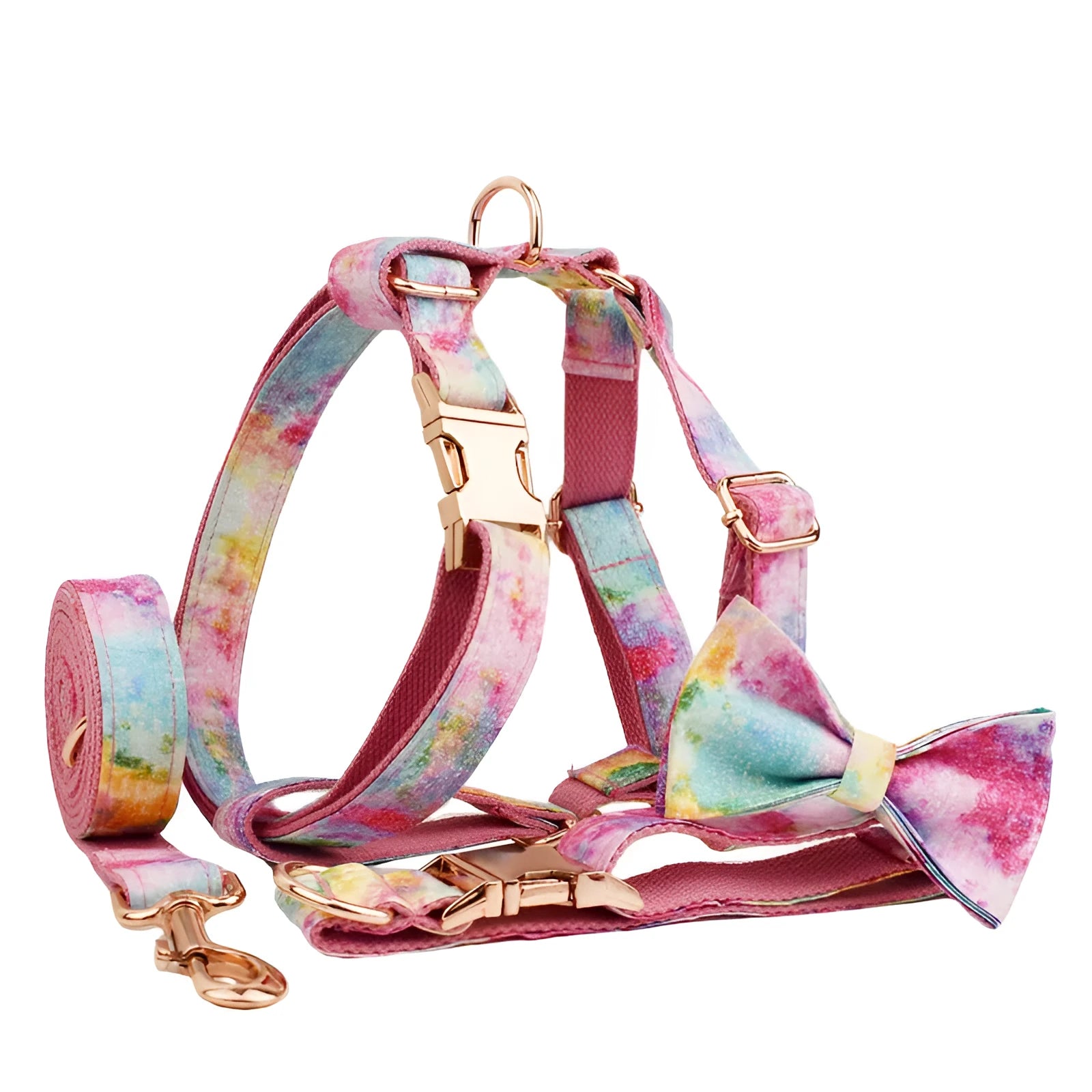 Bronzing pet collar traction rope set with bow, leash, and cloth vest for dogs in sizes XS to XL
