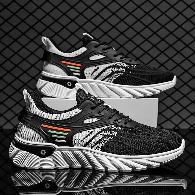 Men's white blue and black platform casual running shoes with cross shoulder straps and a rubber sole.