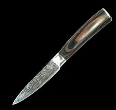 7Cr17 stainless steel kitchen knife with Damascus pattern blade and coloured wood handle on a cutting board.