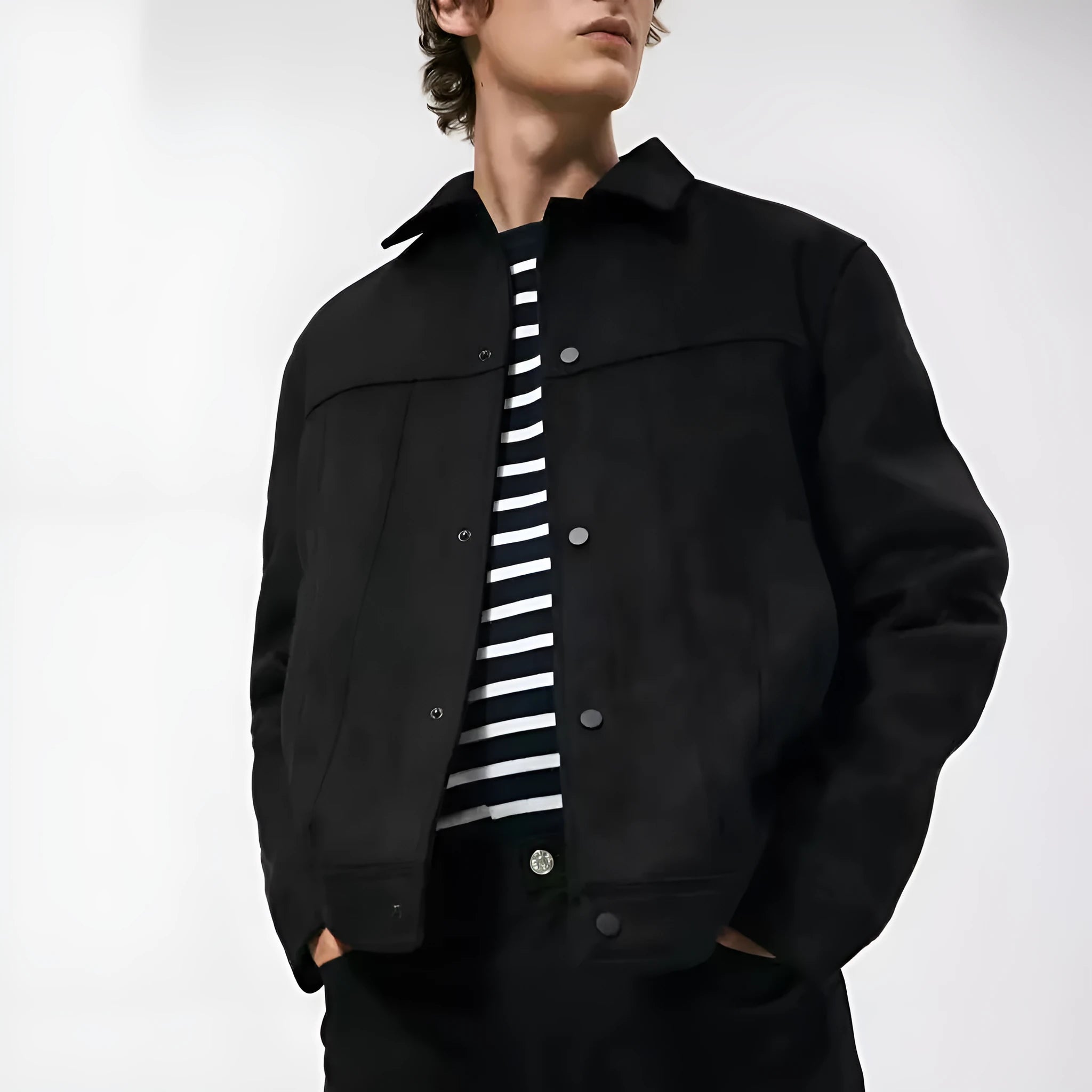 Black men's casual hooded jacket with a textured suede collar and side seam pockets.