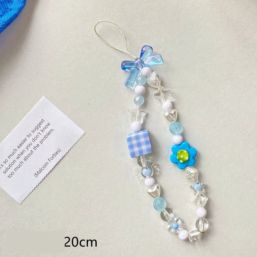Plastic resin beaded mobile phone lanyard with flower beads in yellow