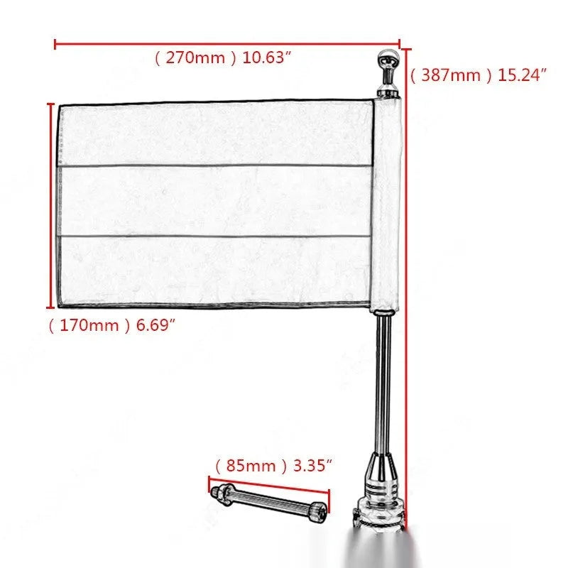 Motorcycle tail box side bumper flagpole in black and silver finishes
