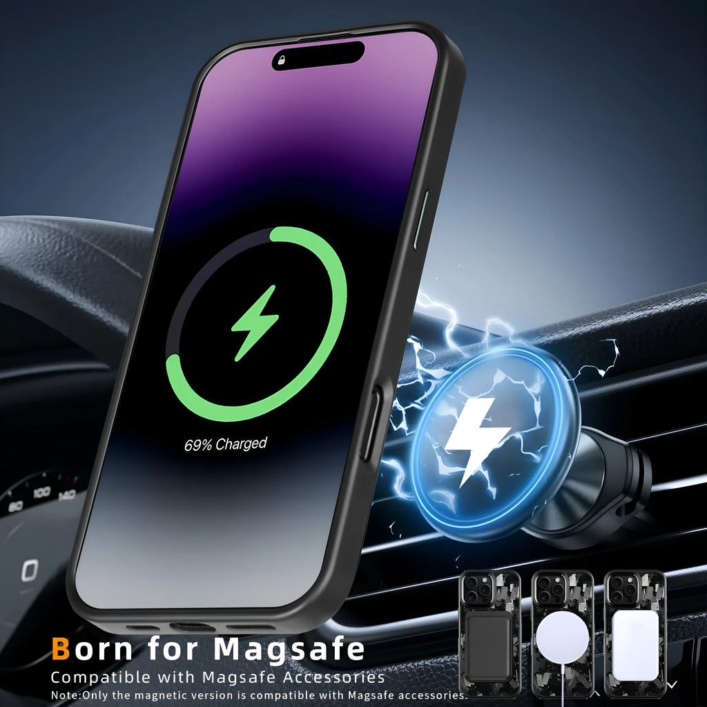 Black metal frame magnetic protective phone case with blue-gold forged carbon fibre pattern for iPhone 17 models.
