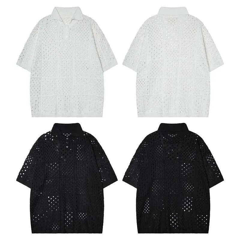 Black loose-fit short-sleeved polo shirt with a cardigan style and hollow knit fabric on a hanger.