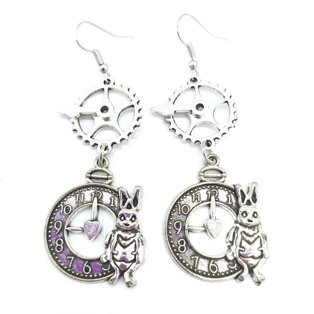Alloy steampunk rabbit clock gear pointer earrings for women in antique silver