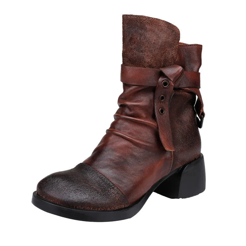 Women's black retro ankle boots with chunky heel and round toe in genuine leather