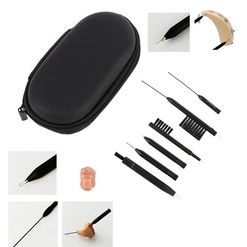 Digital hearing aid cleaning care suit with dry cloth, brush, ventilation rod, screwdriver, and needle removal tool in compact pack