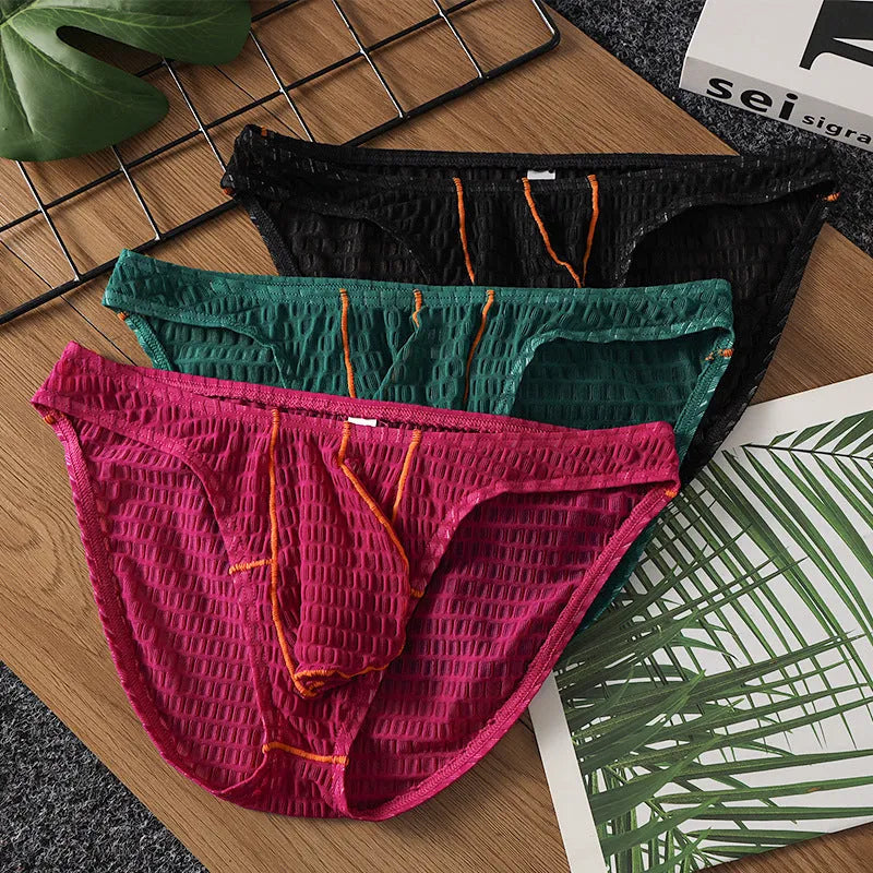 Men's low waist lace briefs in ice silk fabric for sports in multiple solid colours