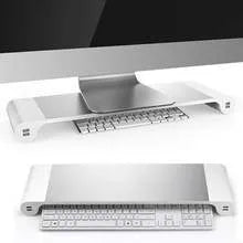 Aluminium computer monitor stand with 4 USB charging ports and keyboard storage space underneath