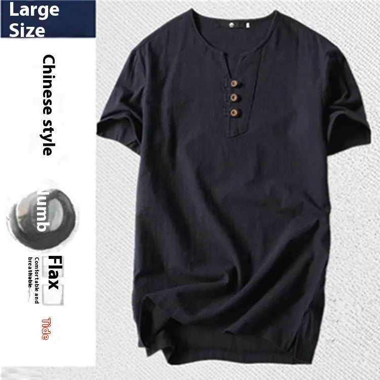 Loose cotton and linen T-shirt for men, short sleeve pullover in apricot colour, size M to 9X