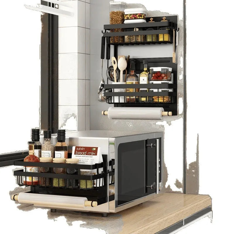 Black magnetic metal refrigerator side storage rack holding a tissue roll and a seasoning bottle