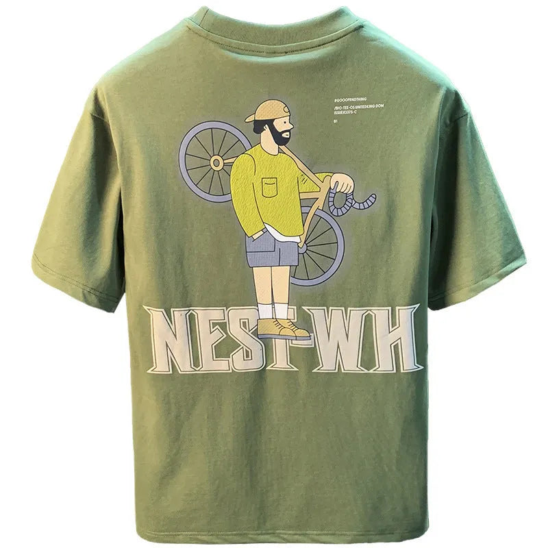 Green men's loose fit t-shirt with literary printed design on front, short sleeves