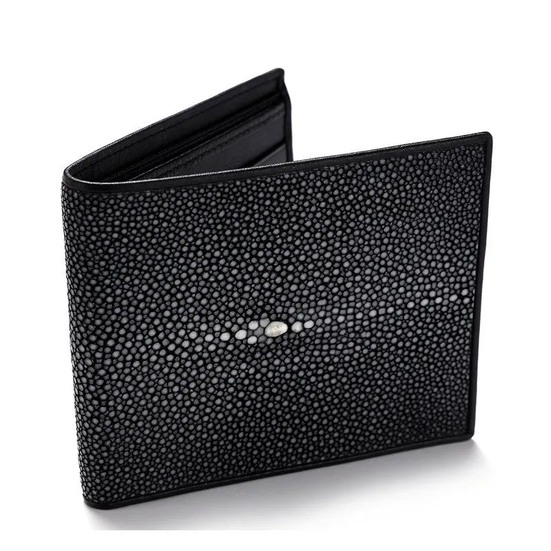 Cowhide leather wallet with pearl fishskin lining in horizontal square design