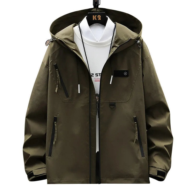 Men's waterproof windproof hood shell jacket in Army Green, loose fit, polyester outdoor coat