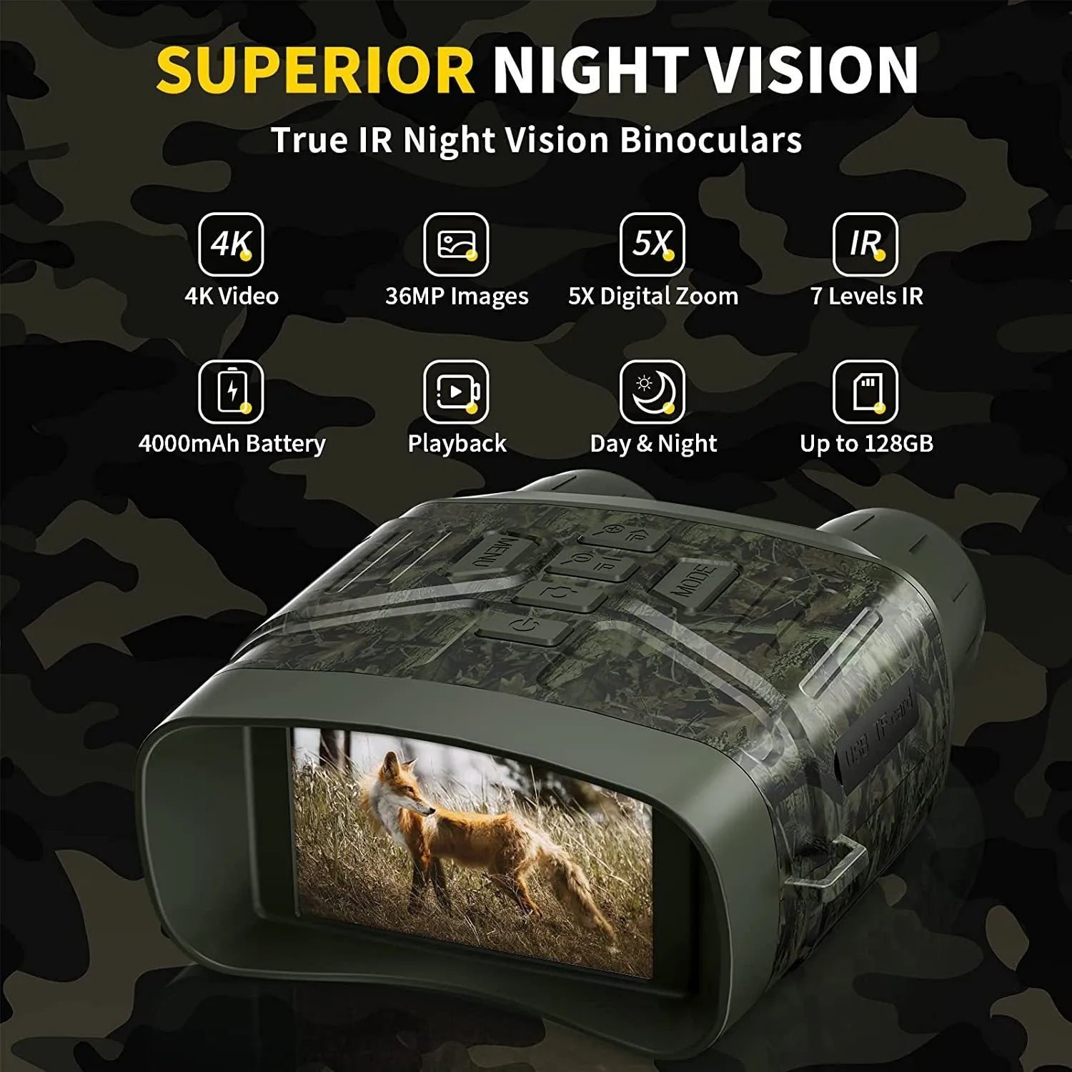 Ultra Clear 4K 36MP night vision monocular in black or camouflage colour with 3-inch screen.