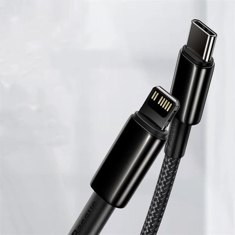 Baseus PD 20W fast charging data cable, black zinc alloy and nylon braided, 1m or 2m, Type C to IP