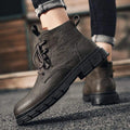 Men's British style low top tooling leather boots in brown with round toe and rubber sole