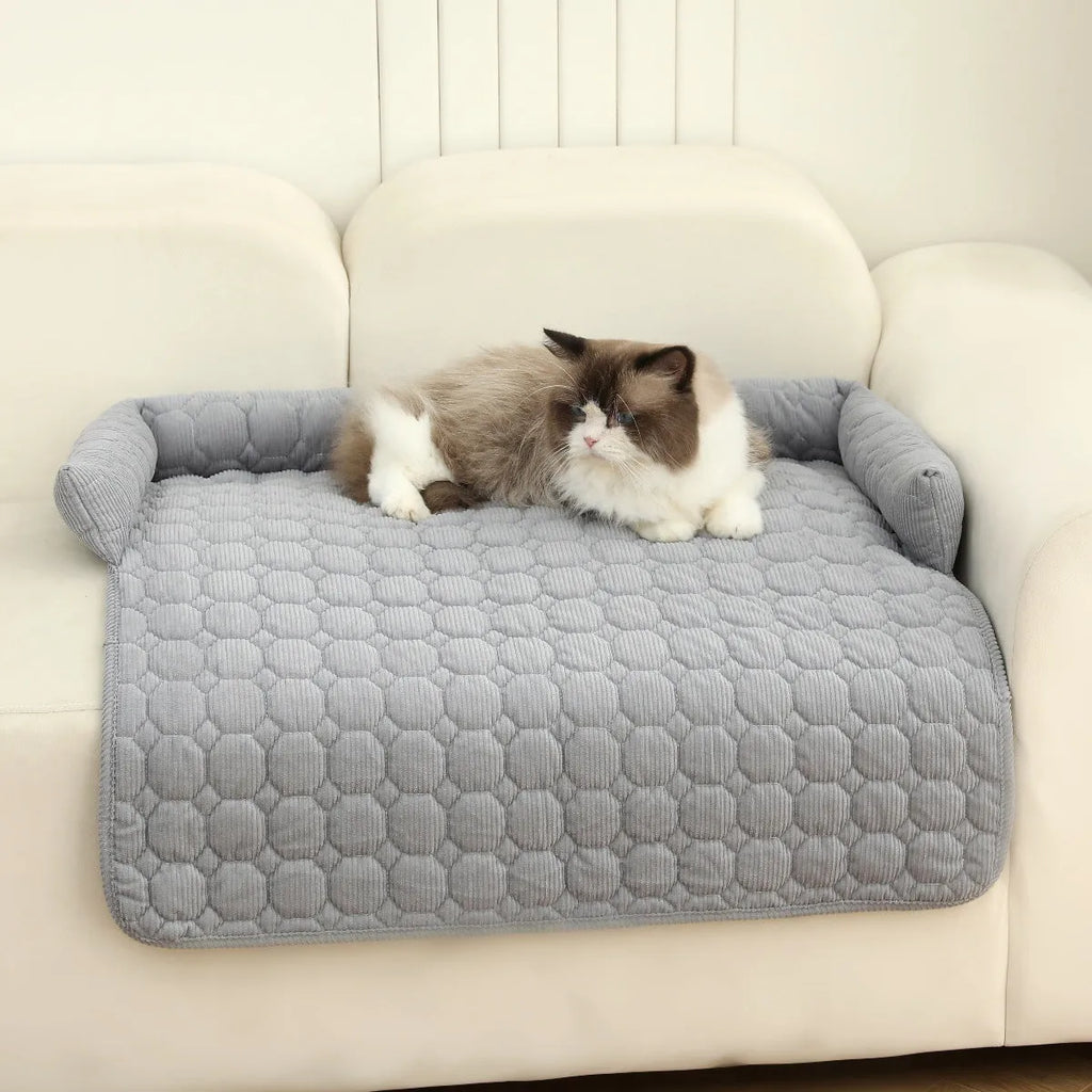 Corduroy pet dog cat bed blanket mat with neck pillow thick soft pad in beige color on a sofa