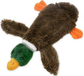 Green Wild Duck stuffless plush dog toy with squeakers and a cavity for a bottle.