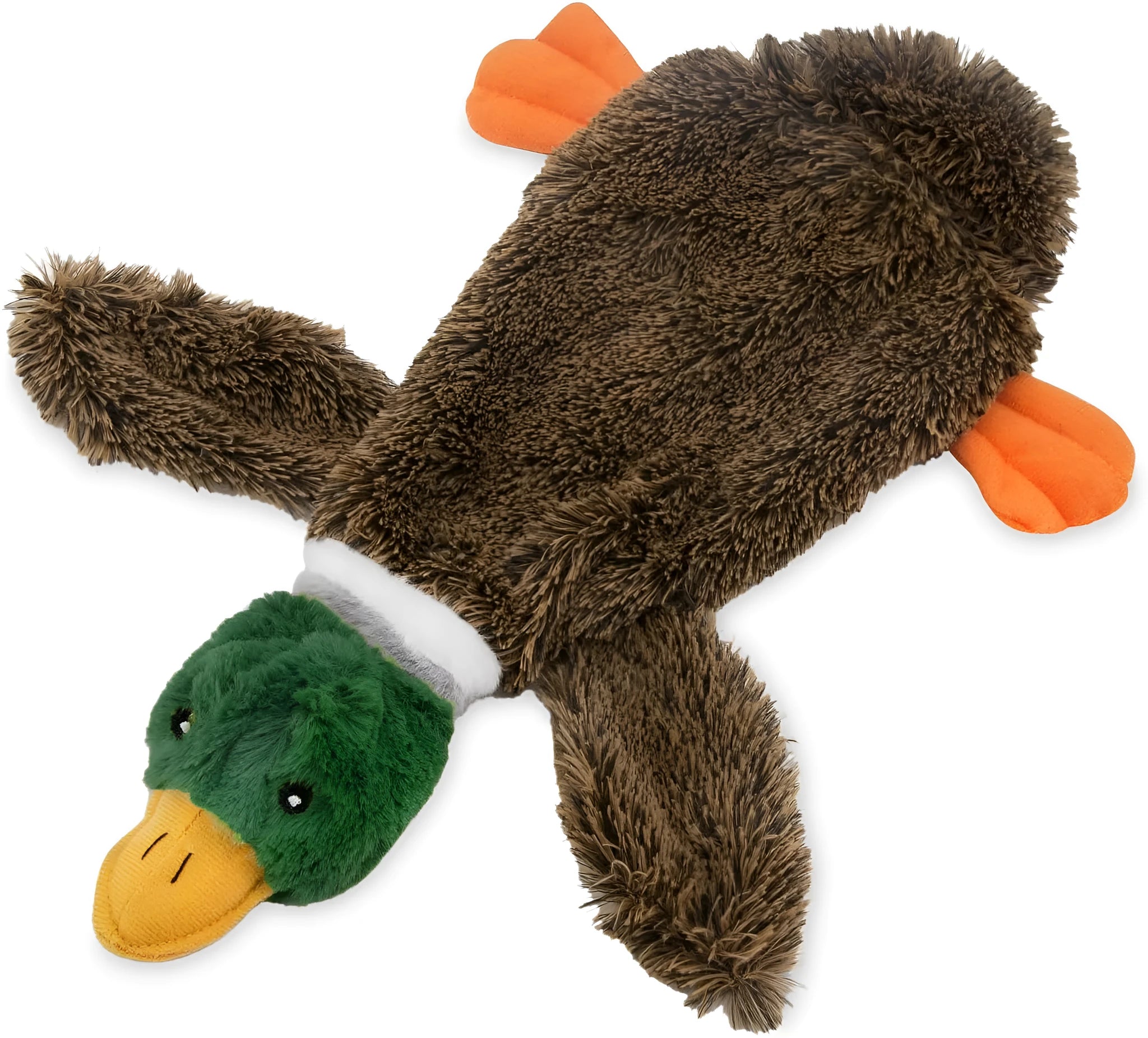 Green Wild Duck stuffless plush dog toy with squeakers and a cavity for a bottle.