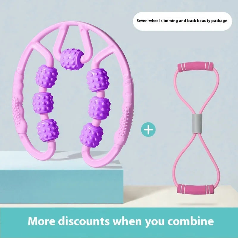 A pink manual leg massager roller with twelve wheels and black ring clips for securing to the leg.