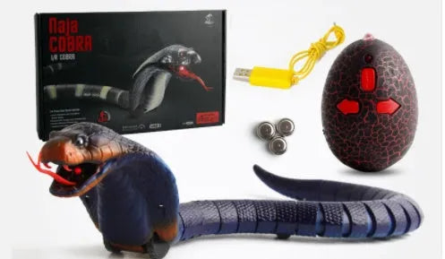 Black and grey cobra remote control snake toy with USB charging cable and batteries