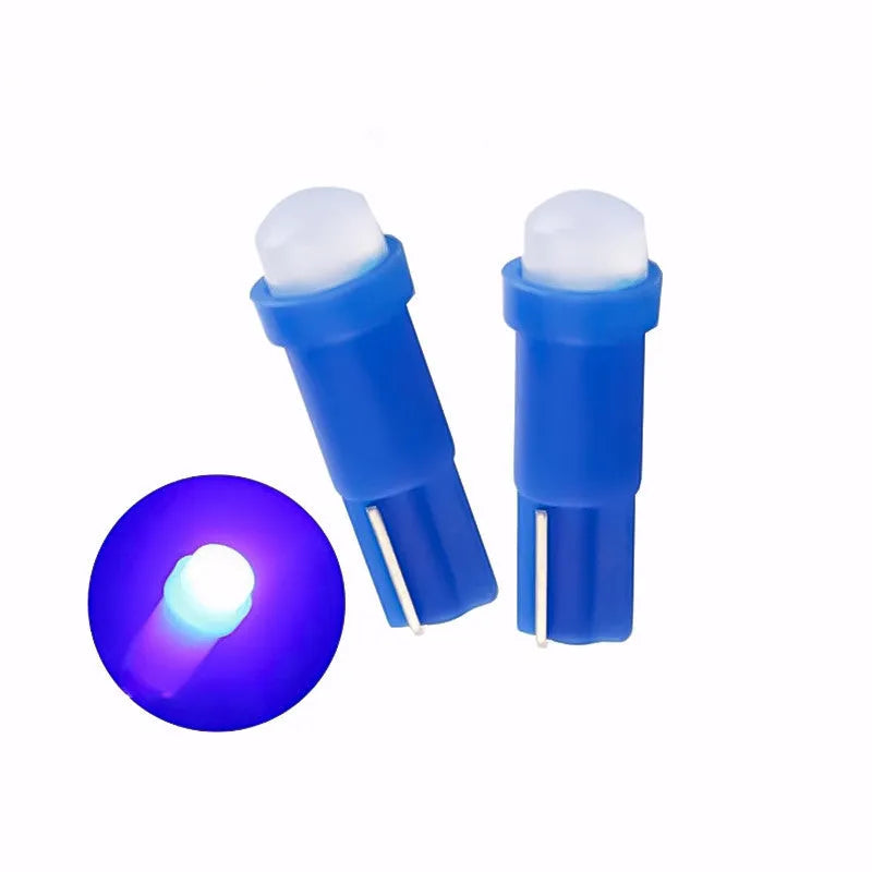 T5 ceramic base car instrument LED bulb showing seven colour options including blue, green, red, and yellow