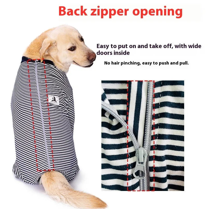Striped polyester dog shirt for golden retrievers and labradors in sky blue, brown, or black dark blue stripe colours