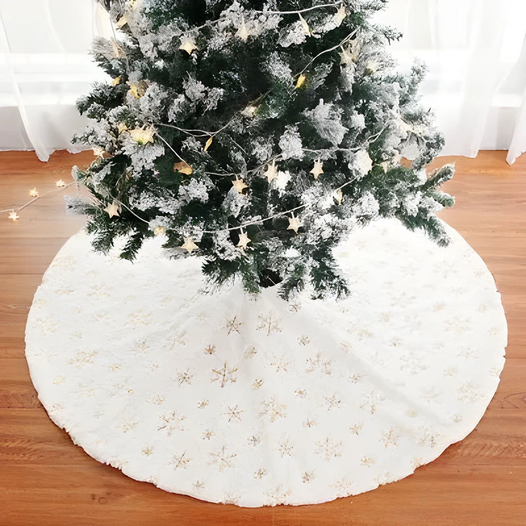 Christmas sequin embroidered tree skirt in silver on floor under decorated tree, 90cm or 122cm imitation rabbit fur polyester