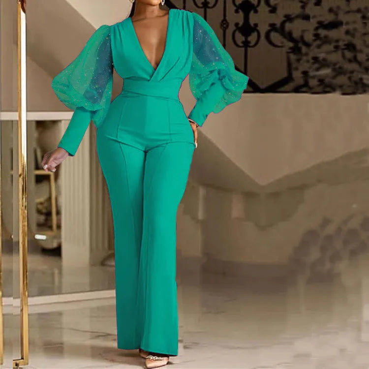 Women's mesh stitching jumpsuit with long sleeves, elastic waist, and wide leg trousers in red, rose, green, or blue